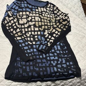 NIC+ZOE Black, Blue and Cream Grid-Pattern Crewneck Sweater